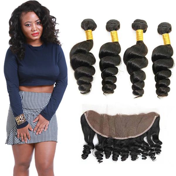 Quality Authentic 8A Loose Curly Indian Remy Hair Weave 4 Bundles With Frontal for sale