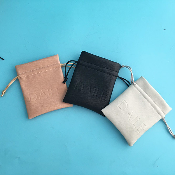 Small Size Black Drawstring Jewelry Bag Pu Leather With Custom Printed Logo