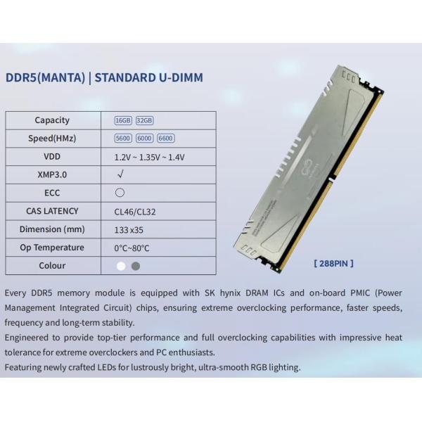 Shenzhen Consumer Electronics DDR5 Manta Standard U-DIMM 32GB (2*16GB) 6400MHz Udimm PC-51200 1.25V Non Ecc Gen 4 Memory Consumer Garde Memory Kits