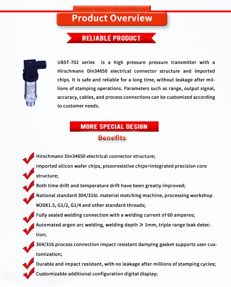304/316L Univo UBST-702 Pressure sensor Liquid Level Gauge with Hirschman Din34650 Electrical Connector