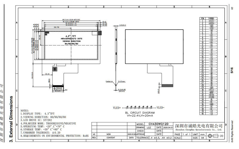 4.3 Inch TFT IPS Display All Viewing Direction With RGB Interface