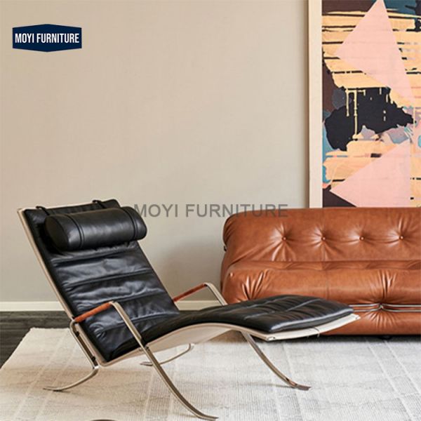 Villa Genuine Leather Italian Style Accent Chair with Leather Armrest Metal Frame High Back Support Black Leisure Chair