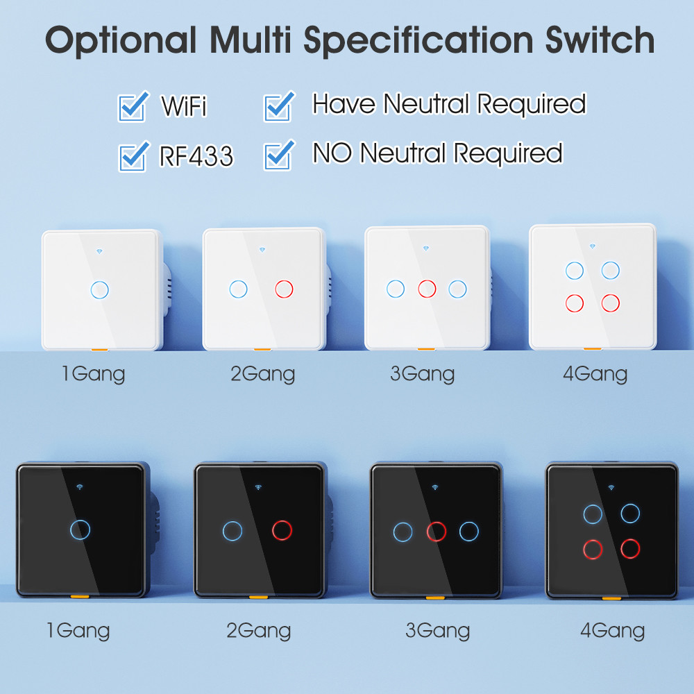 Tuya WiFi switch RF433 control Timing Voice App Alexa, Google Home Smart Home No Neutral Wire WiFi EU Wall Switch