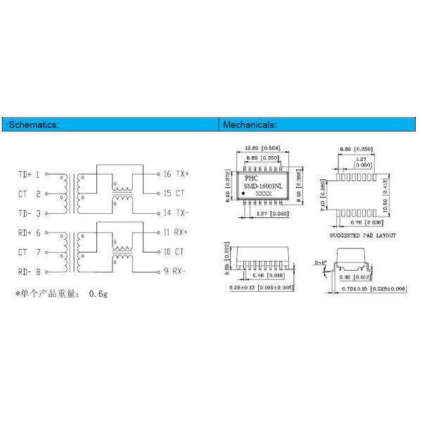 10 / 100 / 1000 Base - TX Single Port Surface Mount Lan Magnetics