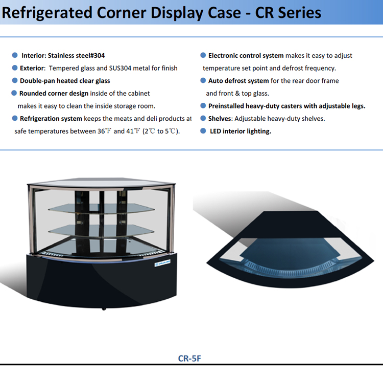 refrigerated corner bakery display case cake cooler with CE/ETL