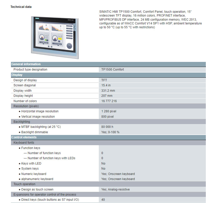 6AV2124-0QC02-0AX1 Siemens SIMATIC HMI TP1500 Comfort Panel 15'' Widescreen TFT Display