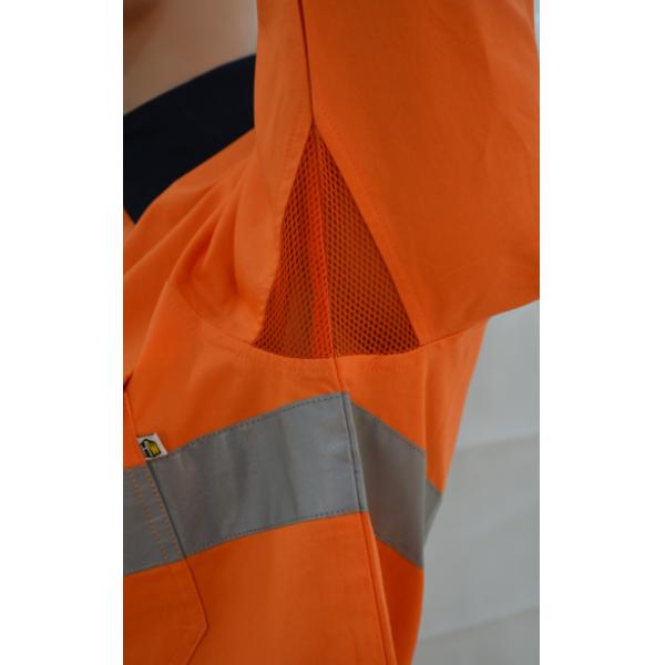Men's 100%Cotton Twill Two Tone Orange/Navy Work Shirt Long Sleeve Mesh Back Patch Reflective Tape Chest Pockets
