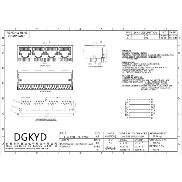 Metal shielded quad port rj45 keystone jack, without LED, RoHS compliant RJ45 horizontal connector with light and shielding interface DGKYD59211418GWA