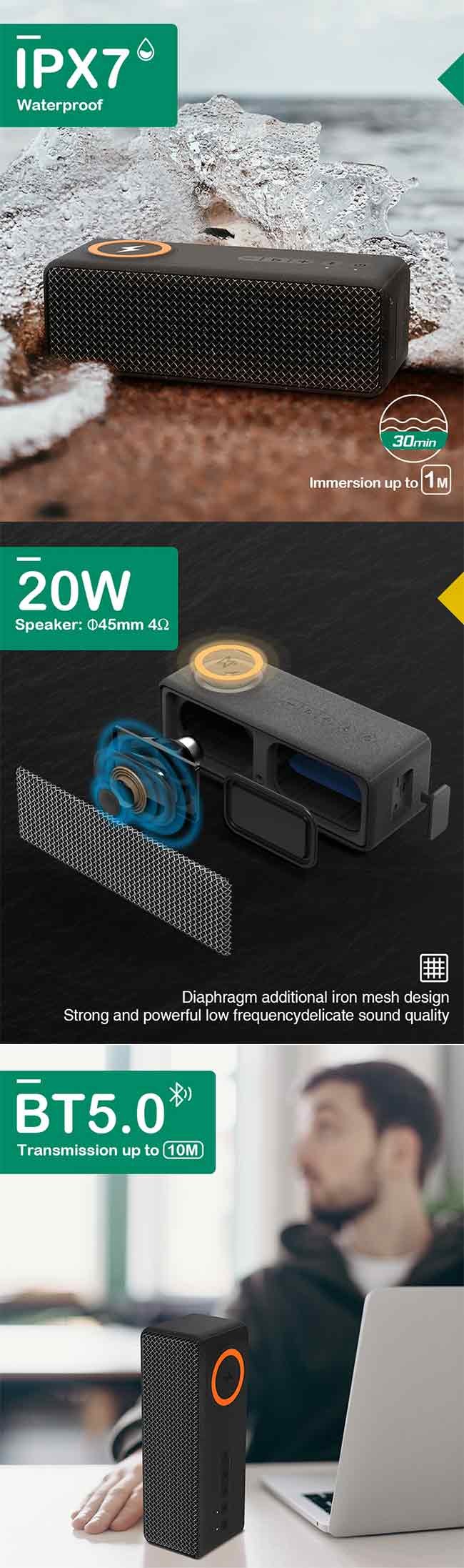 Long Battery Time Wireless Charger Speaker Bluetooth 5.0 20W Power Output