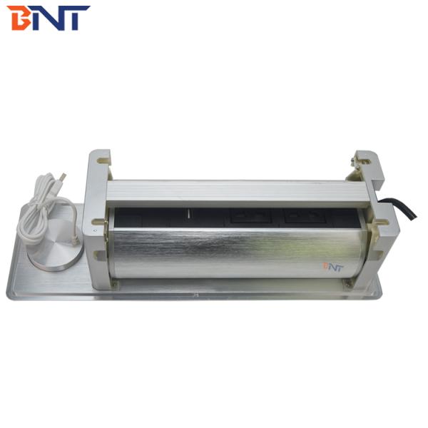 Aluminum alloy motorized flip up rotating desktop socket with wireless Phone charger