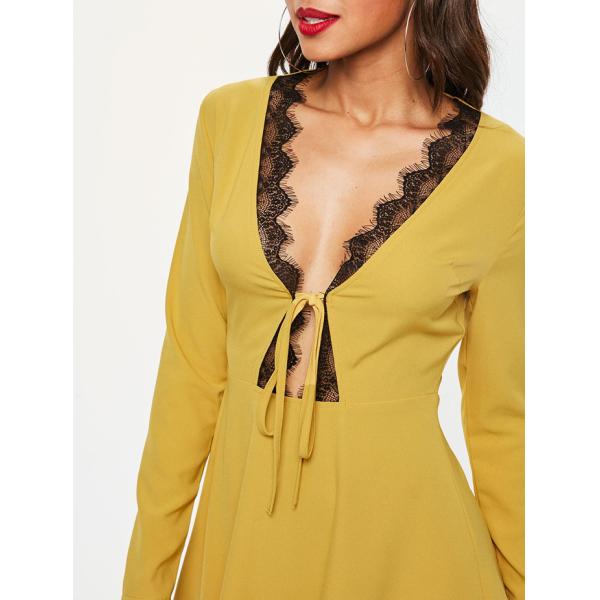 Sexy Mature Elegant Deep V Neck Mini Dress With Lace