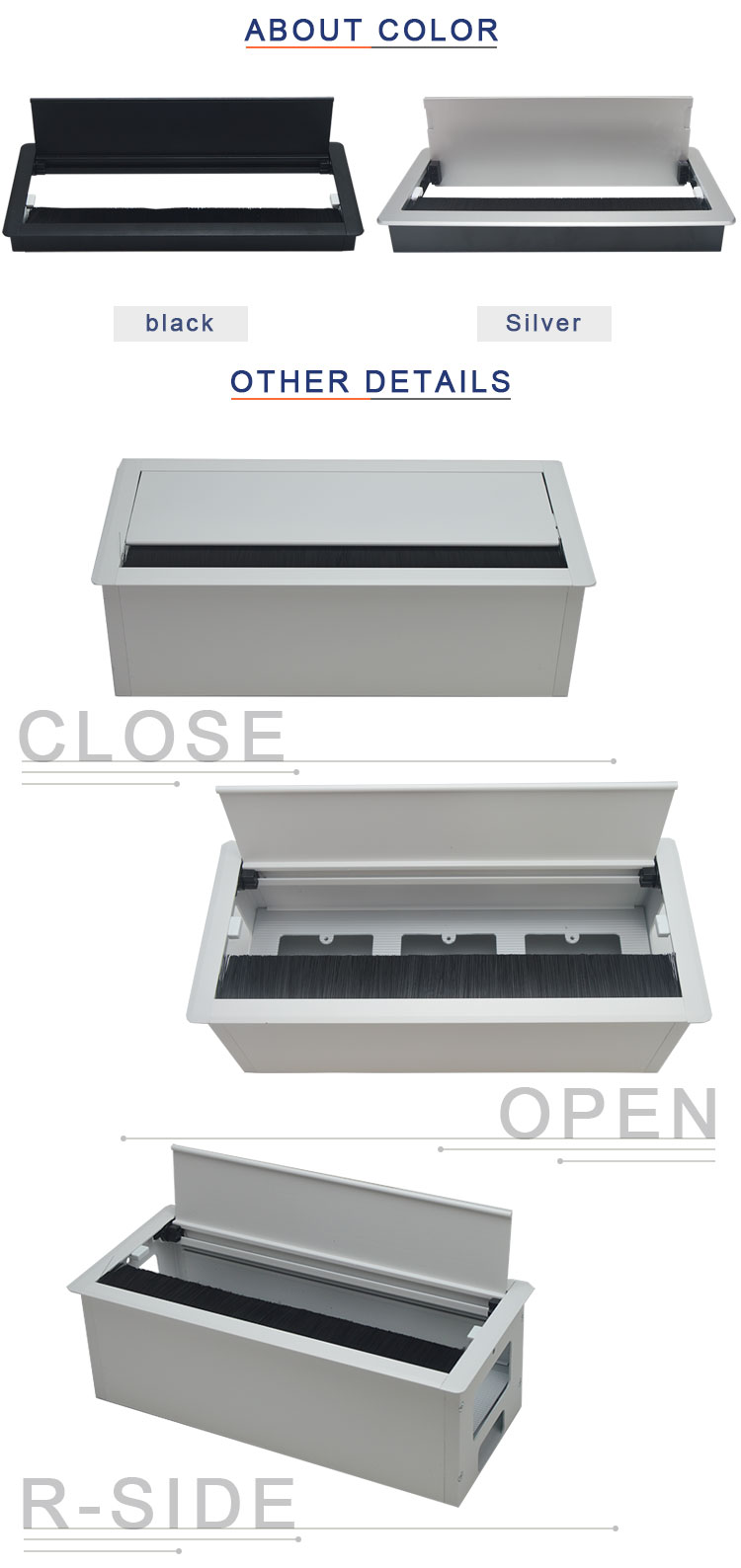 both side open flip up cable management box/wire grommet box for table