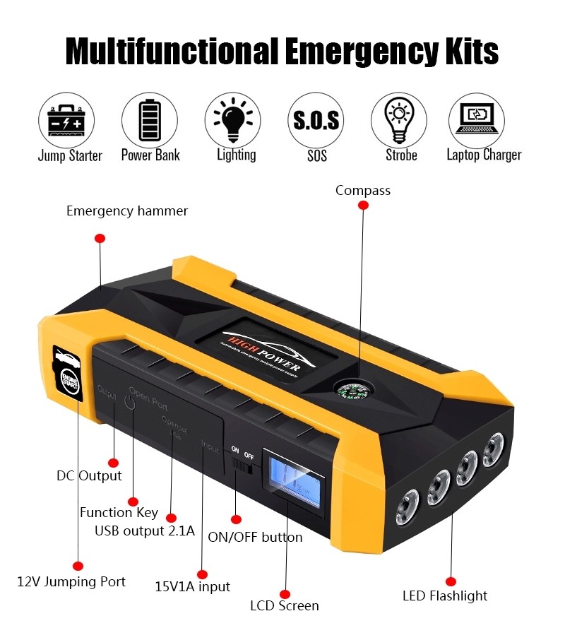 Multi Function 12000mAH Portable Power Bank Battery Jump Starter