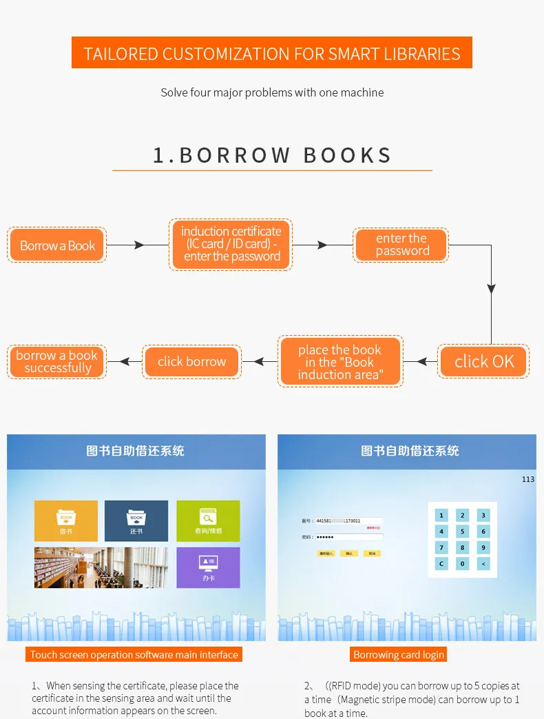 Commercial All In One Lcd Horizontal Information Terminal Interactive Book Return Removable Mobile Cart Uhf Rfid Library