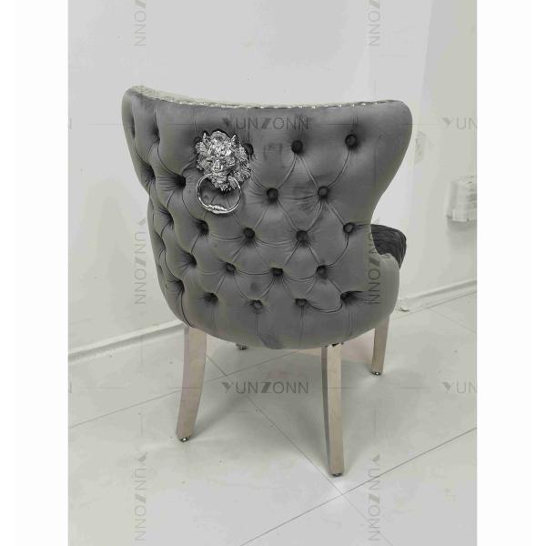 Gray Power Lion Buttoned Back Dining Chair Padded Dining Room Chairs Silver Stainless Steel Legs