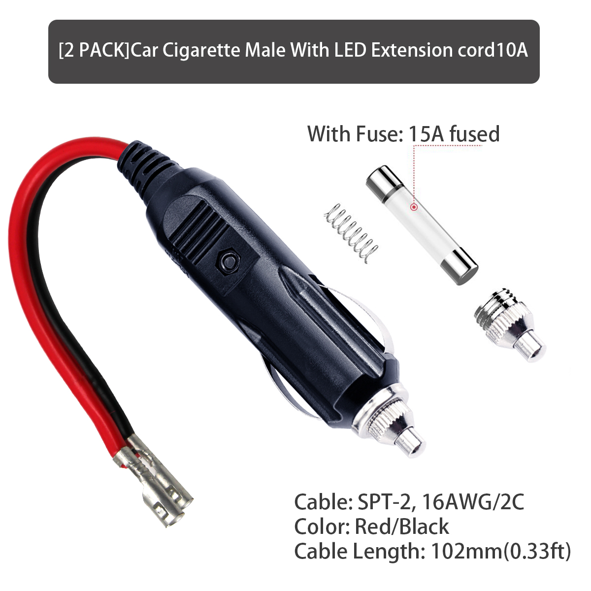 Fuse 15A with LED Light Car Cigarette Lighter Strip End Extension Cable