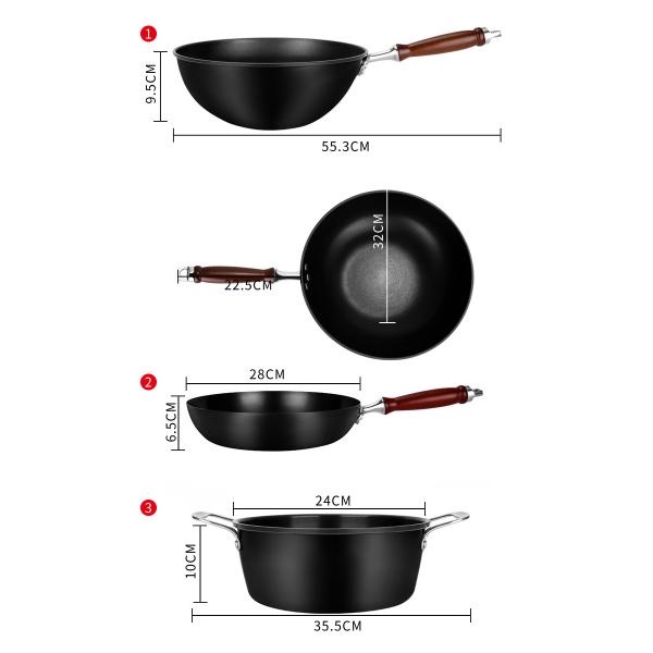 Three Piece Carbon Steel Wok Set Nitriding Non Stick Cookware Set