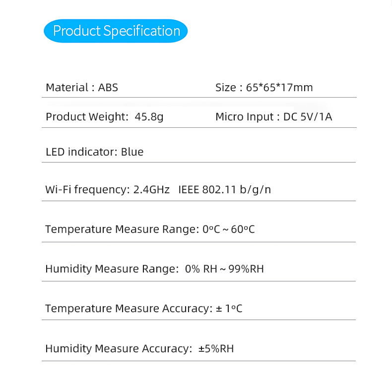 5V1A LCD Tuya Wifi Thermometer Temperature And Humidity Monitor Wifi 2.4GHz