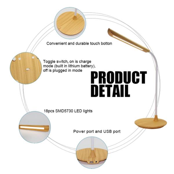 Smart Touch USB LED Table Lamp Brightness Adjustable ABS + PS + Wood Grain Plastic