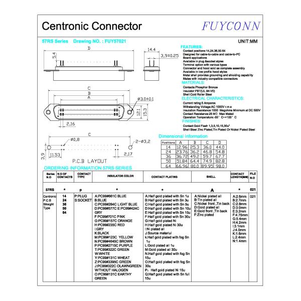 Male Centronics 50 Pin Connector PCB Straight DIP Connector FUY57021