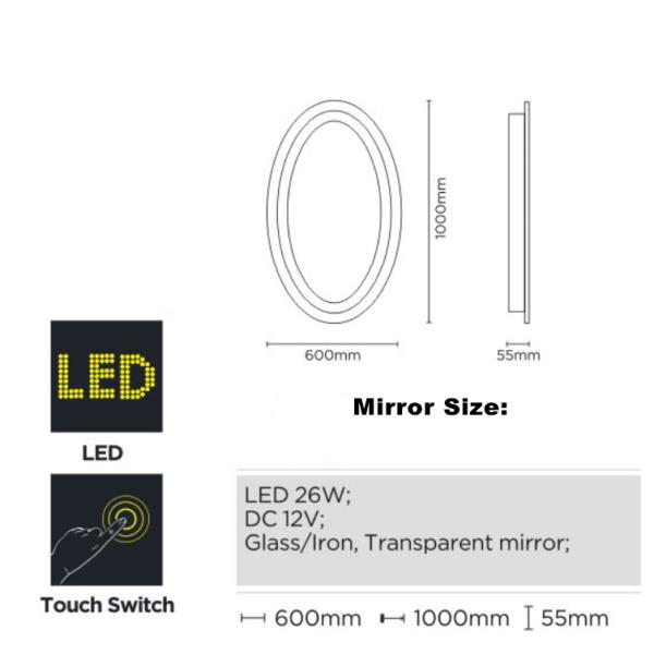 Oval Smart Tocuch Switch LED Strip Mirror For Cosmetic Round Illuminated Bathroom Mirror
