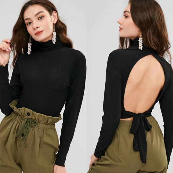 Quality Blank Open Back Long Sleeve Ribbed Turtleneck Crop Top for sale
