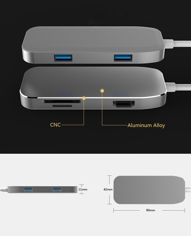 Type-C Hub USB C Adapter 50Gbps for MacBook Pro 13" 15" 2016/2017, USB-C 40Mbps 100W Power delivery