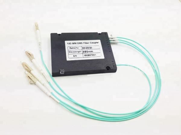 Quality Aqua Color Fiber Optic Splitter / Coupler 1*3 FBT LC UPC OM3 MM ABS Box for sale
