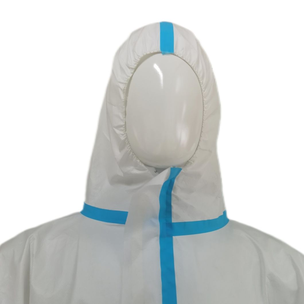 Hot Sale Wholesale Type4/5/6 Isolation Coverall with Blue Strip with Hood Without Boot