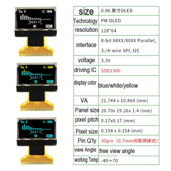 0.96 Inch PMOLED Display ,128x64 Resolution, 30pins 4 Wire SPI /I2C Interface, Driving IC SSD1306