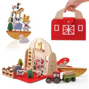 Classic Barn Play Set - Wooden Farm Toys For Toddlers - Farm Animals - Farmer's Barn With Carry Handle