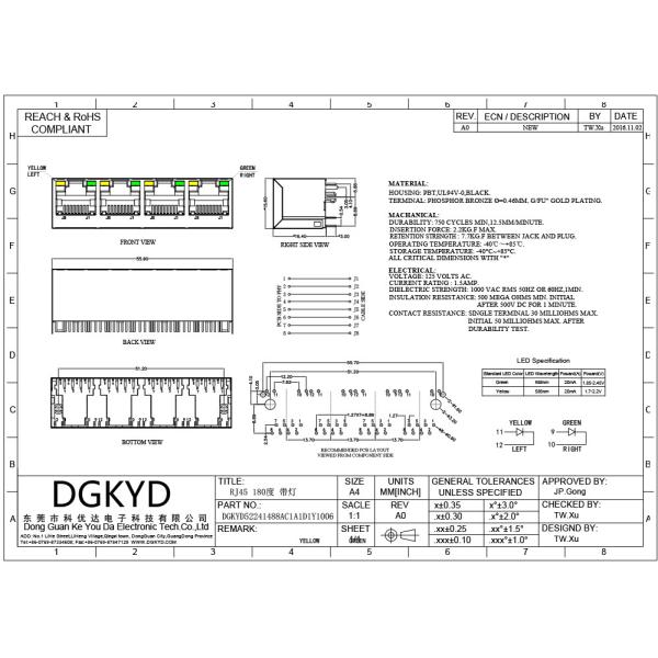 1X4 180 Degree TAB UP RJ45 Network Connectors With LED