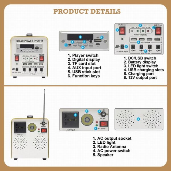 300W Portable Solar Lighting System with Bulb Charging Phone Power Station