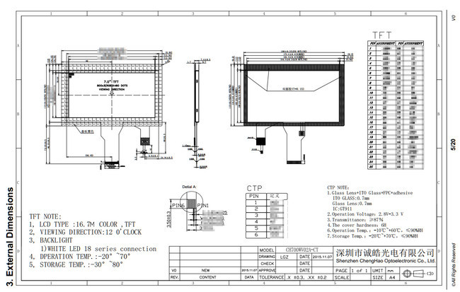 7in 24 Bit RGB TFT LCD Monitor Truly Color Rohs 200cd/m2
