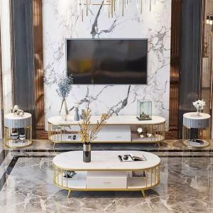 China Marble Oval Hotel Room Cabinets Hollowed Out Metal TV End Table Media Cabinet on sale