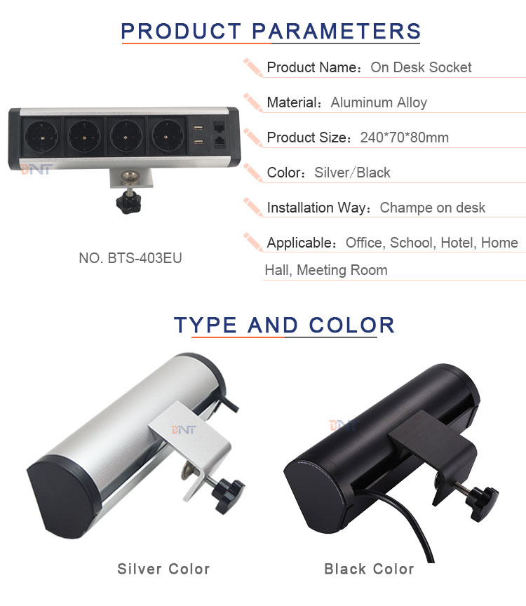 Horizontal EU power clamp on table power socket box with data connectors