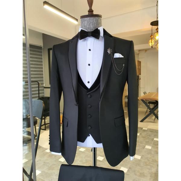 Black Custom Tuxedo Suit 65% Viskon 35% Polyester With Velvet Collar Detail Vest Tuxedo