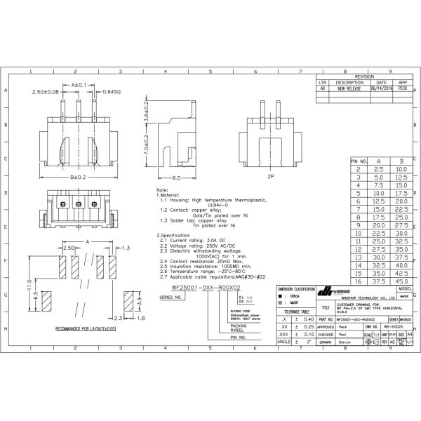 2.5mm Pitch Electronic Components Connectors Horizontal Wire To Board Connector