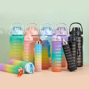 China Summer Gradient Motivational 3 In 1 Water Bottle Set Leak Proof Water Bottle 40 Oz With Handle Bpa Free Portable Sports Kettle on sale