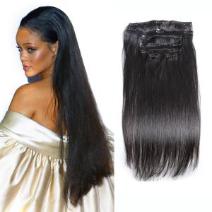 China Color #1 Black Hair Clip In Human Hair Thick 7 Pieces 14 Clips Brazilian Human Hair Extension on sale