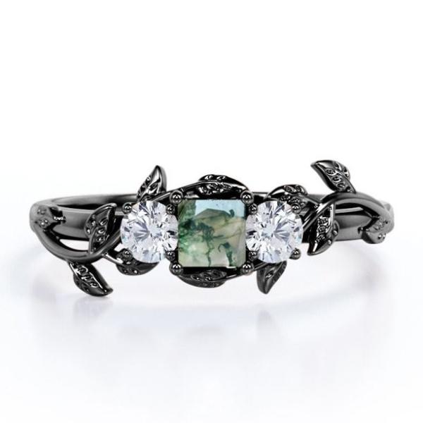 Quality Branch Leaf Design Carat Princess Cut Milky White Moss Green Agate and Moissanite Plating over Silver for sale
