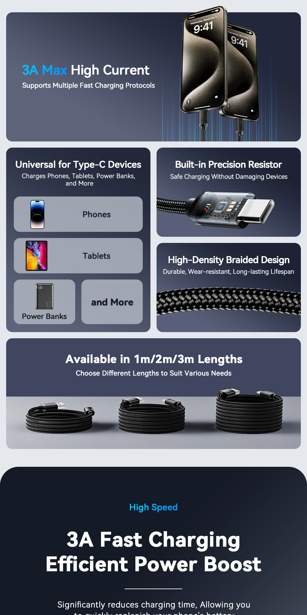 Braid Shielding USB A To C Cable USB C Charging Cord 60W 1m 2m 3m