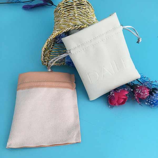 Small Size Black Drawstring Jewelry Bag Pu Leather With Custom Printed Logo