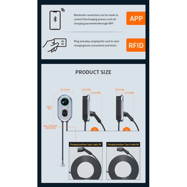 Type2 EV Charging Station 8-32A Adjustable 1 Phase Wallbox AC EV Charger 7.4m Cable