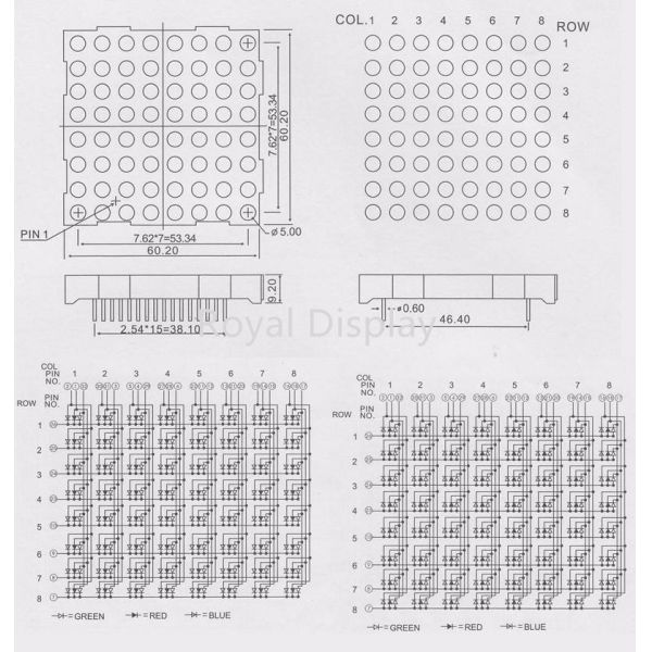 300mcd 8X8 Dot Matrix LED Display Common Cathode 60.2X60.2mm