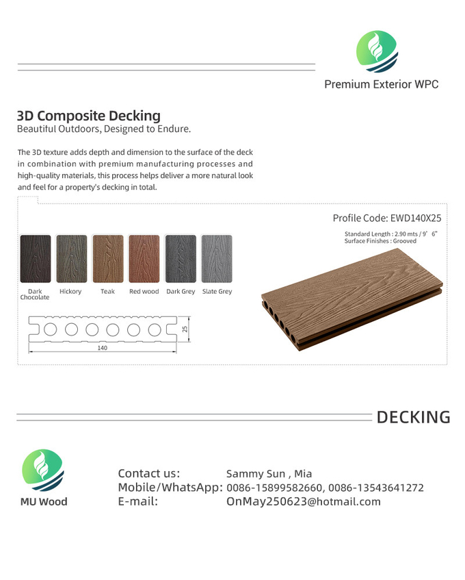 Weather Resistant 3D Composite Decking Profile Waterproof WPC Hollow Board