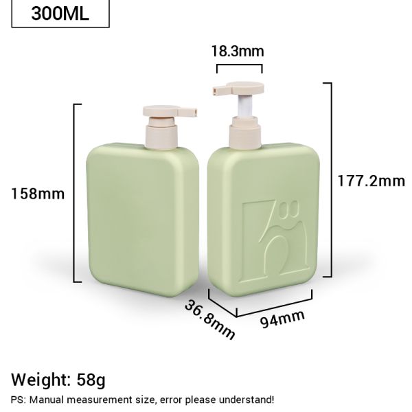 300ml Green Plastic Square Shampoo and Conditioner Bottle Custom Cosmetic Plastic Bottle with Flip top cap