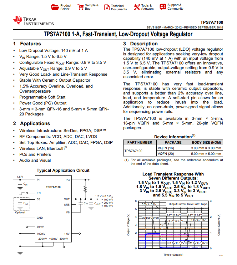 TPS7A7100RGWR Linear Voltage Regulator IC Positive Adjustable (Fixed) 1 Output 1A