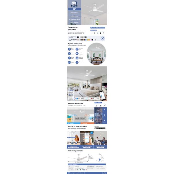 52 Inches LED Ceiling Fan With Light And Smart App Control For Cooling And Lighting