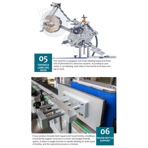 YM630 3 heads Fully Automatic Roll to Roll three sides Flat Square Bottle Labeler